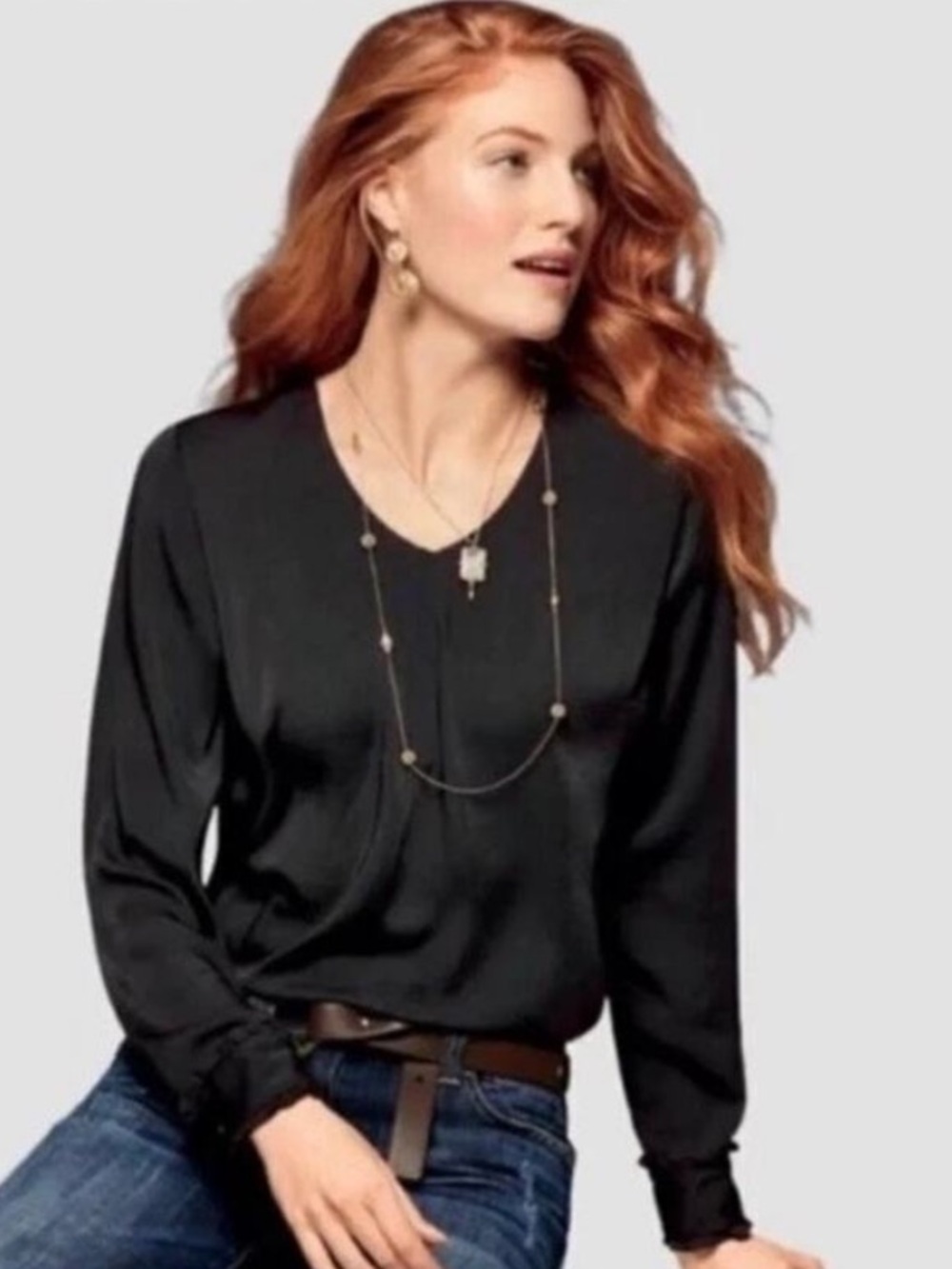 CAbi Classic‎ Blouse Shirt Pullover V-Neck Long Sleeve Black Size Large